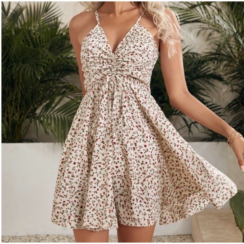 Dress L Beige Floral Boho Ruched Strappy  Mini A-Line Hippie Festival Beach